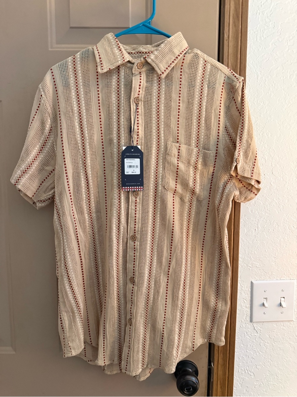 Ben Sherman Beige Short-Sleeve Button-Down Shirt with Red Stripe